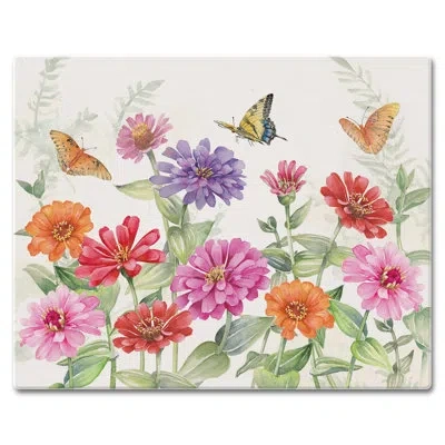 Counterart Zinnias & Butterflies Tempered Glass Cutting Board 15" X 12" In White;green;red;yellow;pink;purple