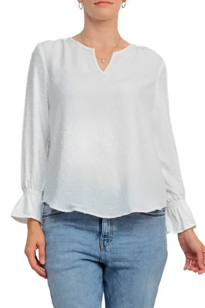 Counterparts Split V- Neck Popover Elastic Cuff Textured Top In White In Blue