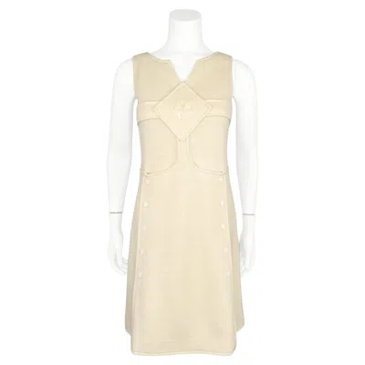 Pre-owned Courrèges 1970's André Courreges Hyperbole Beige Knit Sleeveless Logo A-line Dress In Brown