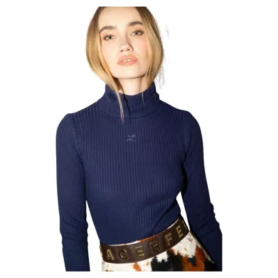 Pre-owned Courrèges Courreges 70's Navy Ribbed Wool Knit Logo Turtleneck In Blue