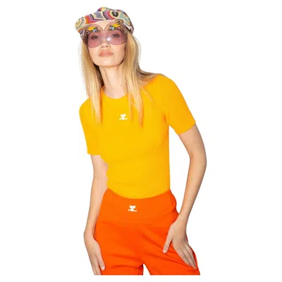 Pre-owned Courrèges Courreges 70's Neon Orange Ribbed Short Sleeve Logo Knit Sweater
