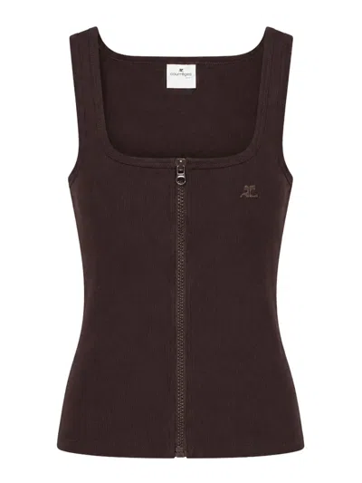 Courrèges 90s-style Ribbed Tank Top With Zip In Brown