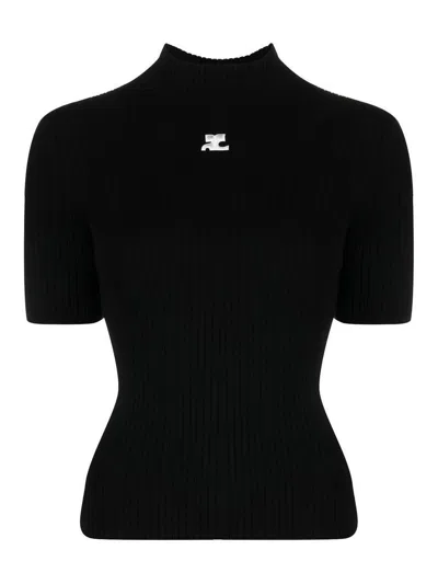 Courrèges Ac Logo Ribbed Knit Crewneck Sweater In Black
