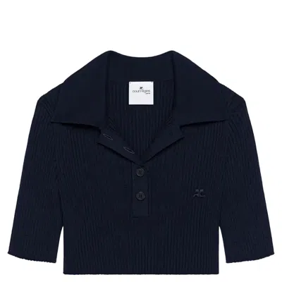 Courrèges Ac Rib Knit Cropped Polo In Black