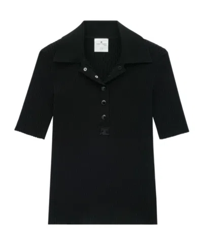 Courrèges Ac Ribbed-knit Polo Shirt In Black