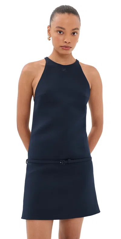 Courrèges Sleeveless A-line Twill Mini Dress With Belt In Navy In Blue