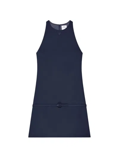 Courrèges Sleeveless A-line Twill Mini Dress With Belt In Navy In Blue