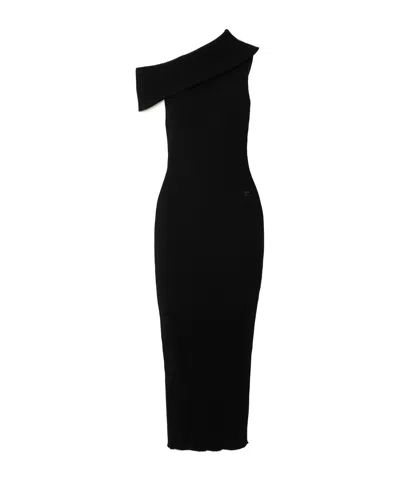 Courrèges Assymetric Ribbed-knit Long Dress In Black