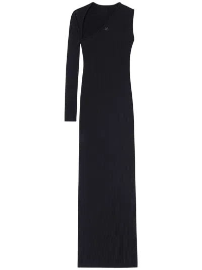 Courrèges Asymmetric Black Ribbed Midi Dress