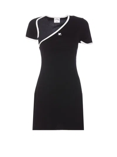 COURRÈGES ASYMMETRIC-NECK CONTRASTED TRIM MINI DRESS