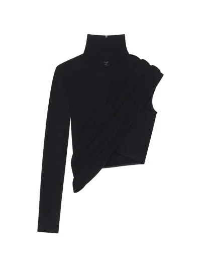 Courrèges Asymmetrical Jersey Crop Top Twisted Front In Black