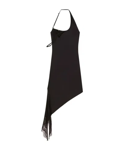 Courrèges Asymmetrical Lace-trimmed Dress In Black