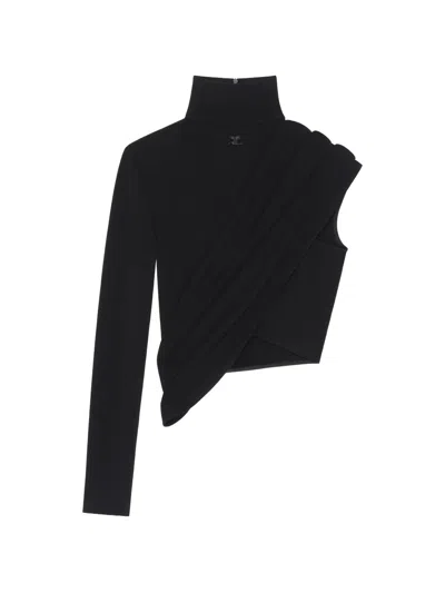 Courrèges Asymmetric High Neck Cropped Long Sleeve Top In Black