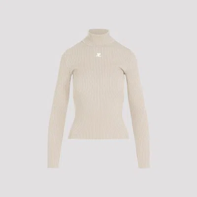 COURRÈGES WOMEN BEIGE ROLL NECK RIBBED JUMPER, XS LUXURY SWEATERS & KNITWEAR FOR WOMEN DARVEYS