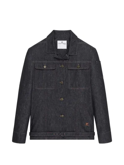 Courrèges Belted Denim Jacket In Blue