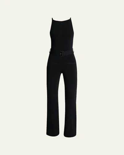 Courrèges Belted Milano Knit Sleeveless Flare Jumpsuit In Black