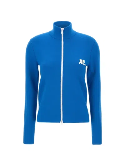 Courrèges Bicolor Zipped Wool Cardigan In Blue
