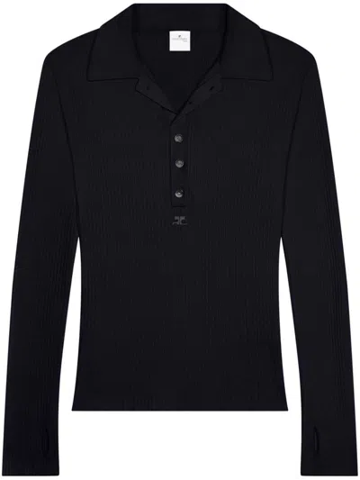 Courrèges Long Sleeve Ribbed Knit Wool-cotton Polo In Black