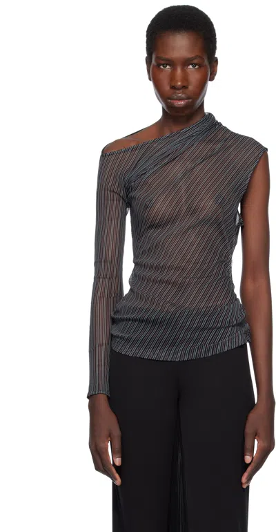COURRÈGES BLACK ASYMMETRIC STRIPED MESH T-SHIRT