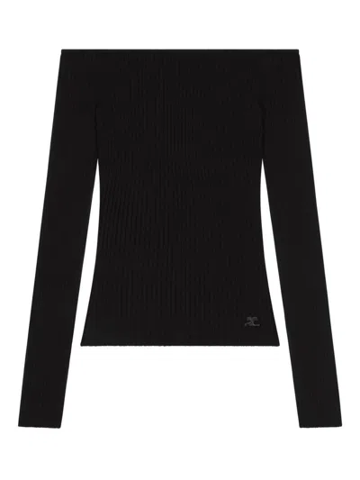 COURRÈGES BLACK BARDOT NECK TOP WITH LOGO