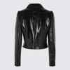 Courrèges Glossy Black Coat With High Collar And Logo Detailing In Green