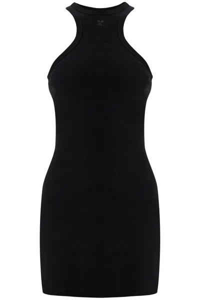 COURRÈGES BLACK COTTON MINI DRESS WITH HIGH NECK AND SLEEVELESS DESIGN