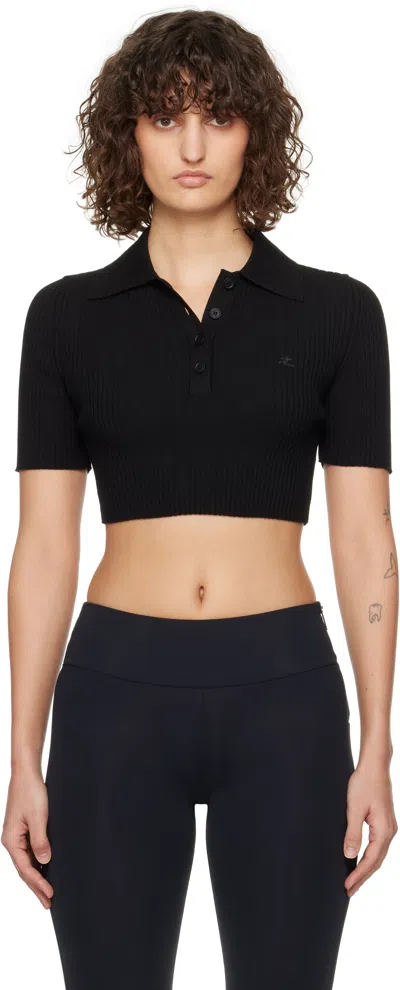 Courrèges Logo Patch Ribbed-knit Cropped Polo Top In Black