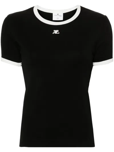 COURRÈGES BLACK EMBROIDERED LOGO T-SHIRT