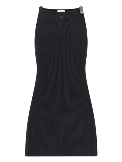 Courrèges Black Fabric Mini Ribbed Dress