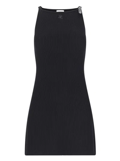 Courrèges Black Fabric Mini Ribbed Dress