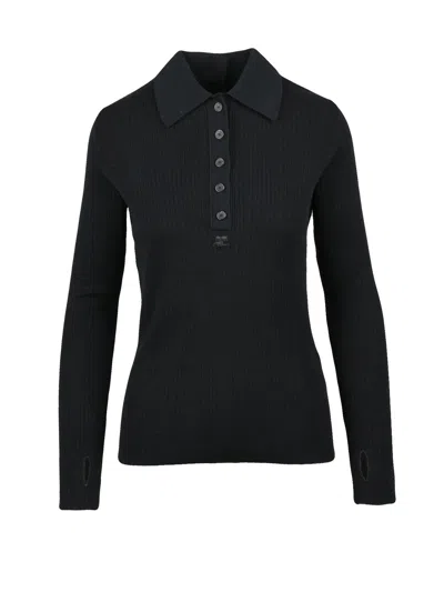 Courrèges Black Knit Polo Shirt With Ribbed Texture And Fitted Silhouette