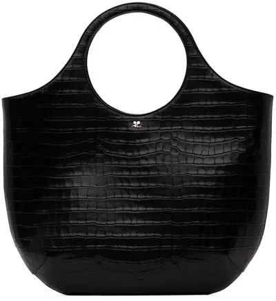 Courrèges Black Large Holy Croco Stamped Tote In 1146 Bark