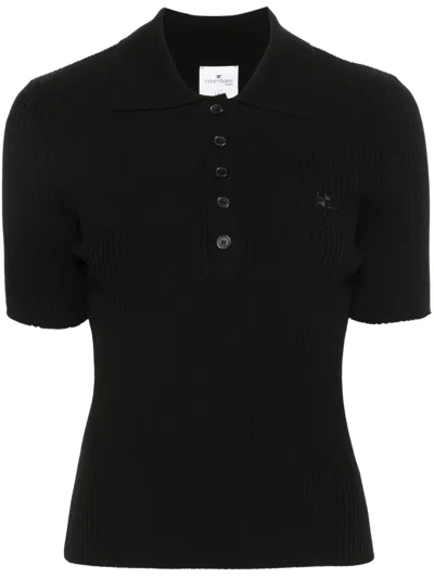 COURRÈGES BLACK LOGO-PATCH KNITTED POLO TOP
