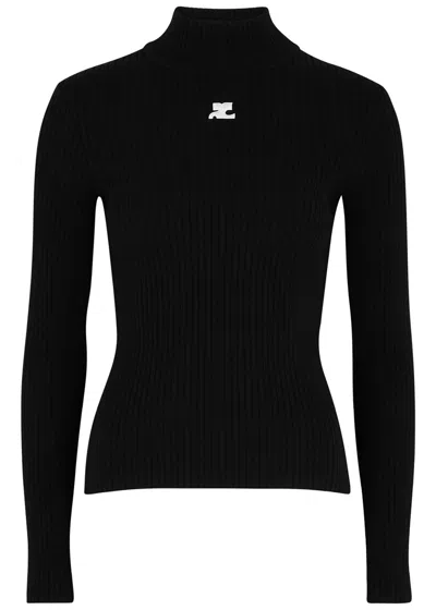 Courrèges Black Ribbed Viscose Blend Turtleneck