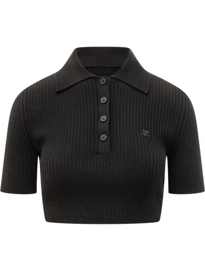 Courrèges Black Logo Shirt Collar Polo