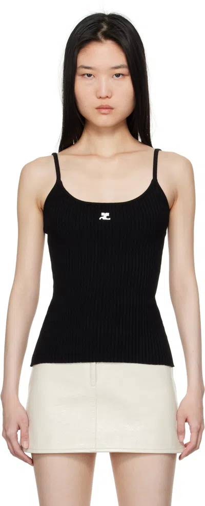 Courrèges Ribbed Spaghetti Strap Top With Elegant Logo Detail And Luxurious Fabric Blend In Black