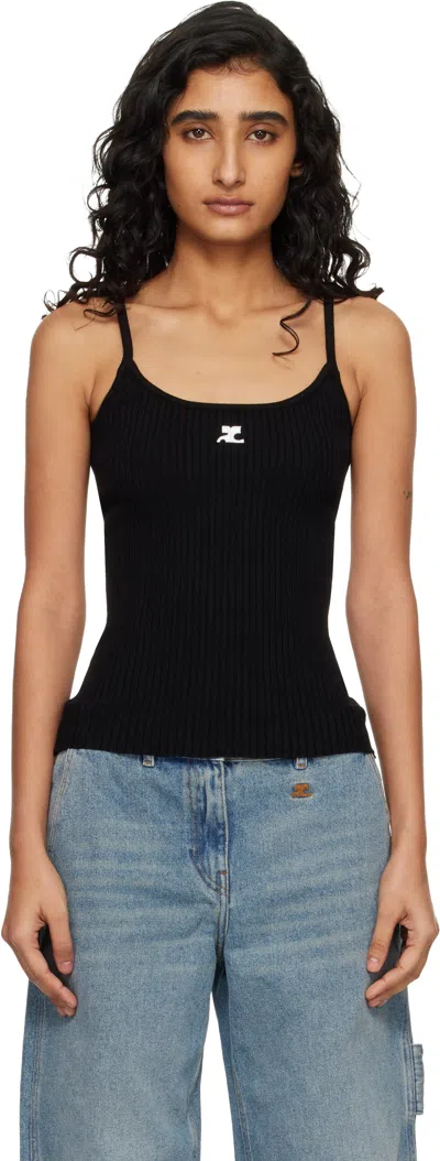 Courrèges Ribbed Spaghetti Strap Top With Elegant Logo Detail And Luxurious Fabric Blend In Black