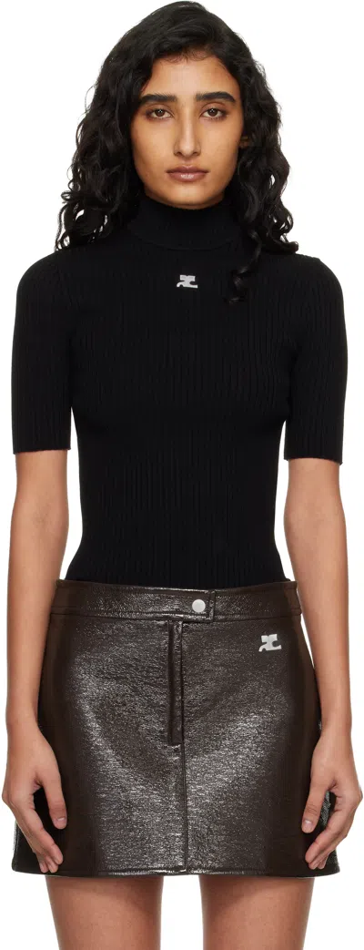 Courrèges Reedition Short Sleeves Rib Knit Sweater In Black