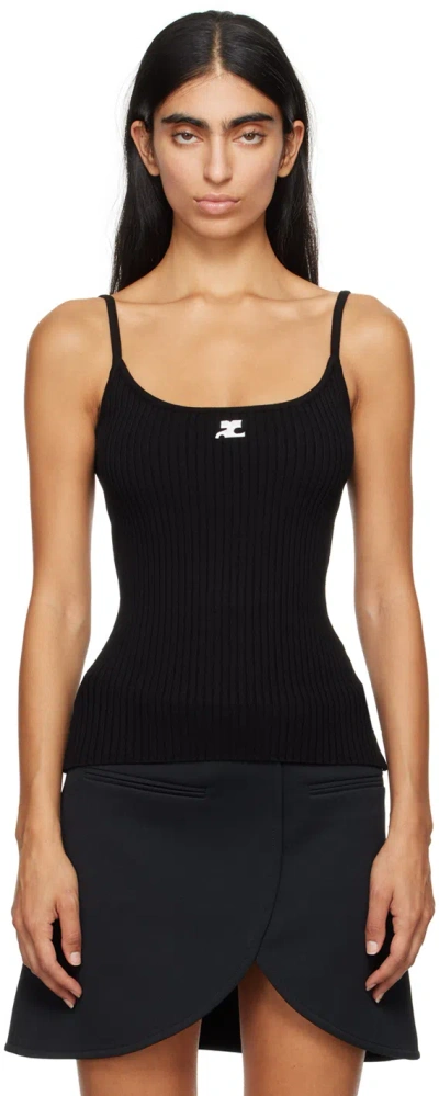 Courrèges Ribbed Spaghetti Strap Top With Elegant Logo Detail And Luxurious Fabric Blend In Black