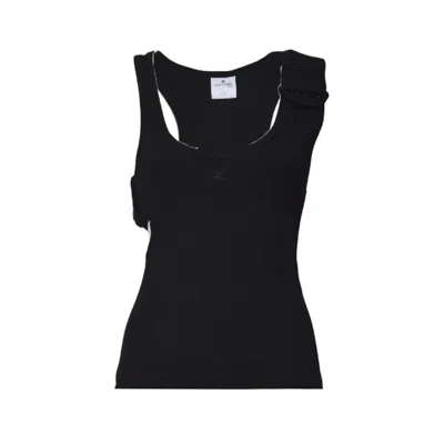 COURRÈGES BLACK RIBBED 90'S DOUBLE BUCKLE TOP