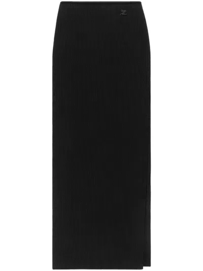 COURRÈGES BLACK RIBBED KNIT HIGH-WAISTED SKIRT WITH SIDE SLIT FOR WOMEN