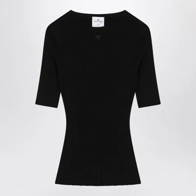 COURRÈGES COURREGÈS  BLACK RIBBED SWEATER IN COTTON AND WOOL