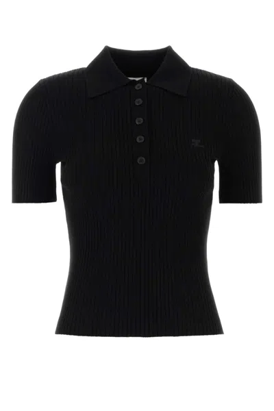 Courrèges Black Shirt Collar Logo Patch Polo In Blue