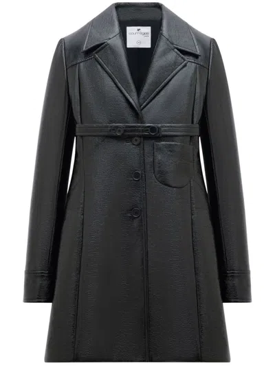 Courrèges Heritage Belted Vinyl Tailored Coat In Black