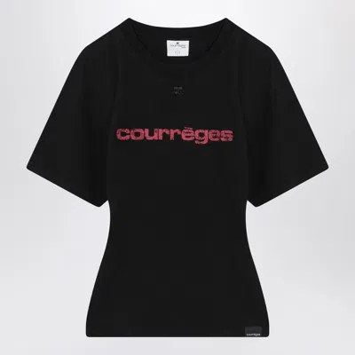 COURRÈGES BLACK T-SHIRT WITH LOGO PRINT