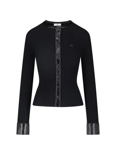 Courrèges Black Vinyl Detail Ribbed Viscose Cardigan