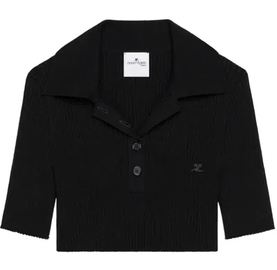 Courrèges Logo Patch Ribbed-knit Cropped Polo Top In Black