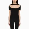 COURRÈGES BLACK VISCOSE BLEND T-SHIRT WITH PLUNGING NECKLINE