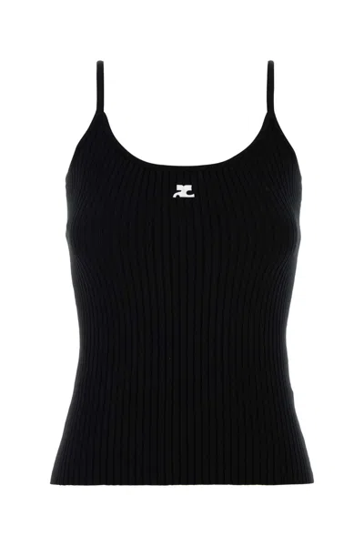 Courrèges Ribbed Spaghetti Strap Top With Elegant Logo Detail And Luxurious Fabric Blend In Black
