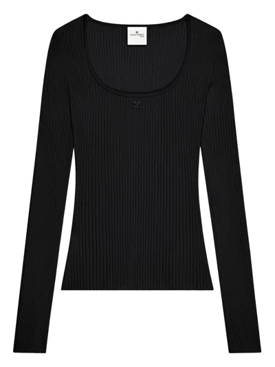 Courrèges Long Sleeve Fitted Ribbed Viscose-blend T-shirt In Black